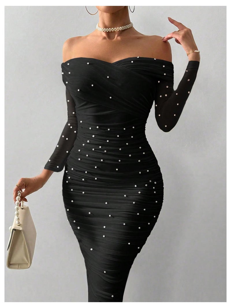 Floerns Women's Pearl Beaded Off The Shoulder Dress Ruched Bodycon Maxi Prom Dresses Black X-Large - Image 4