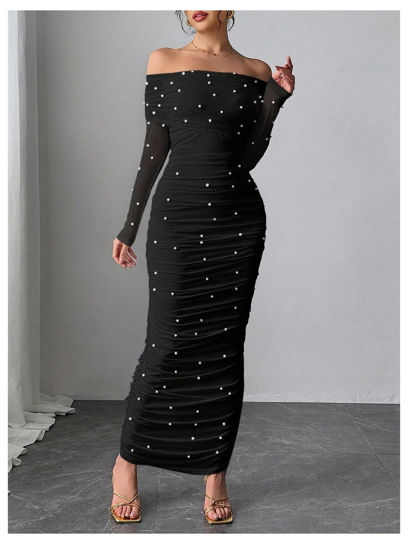 Floerns Women's Pearl Beaded Off The Shoulder Dress Ruched Bodycon Maxi Prom Dresses Black X-Large - Image 2