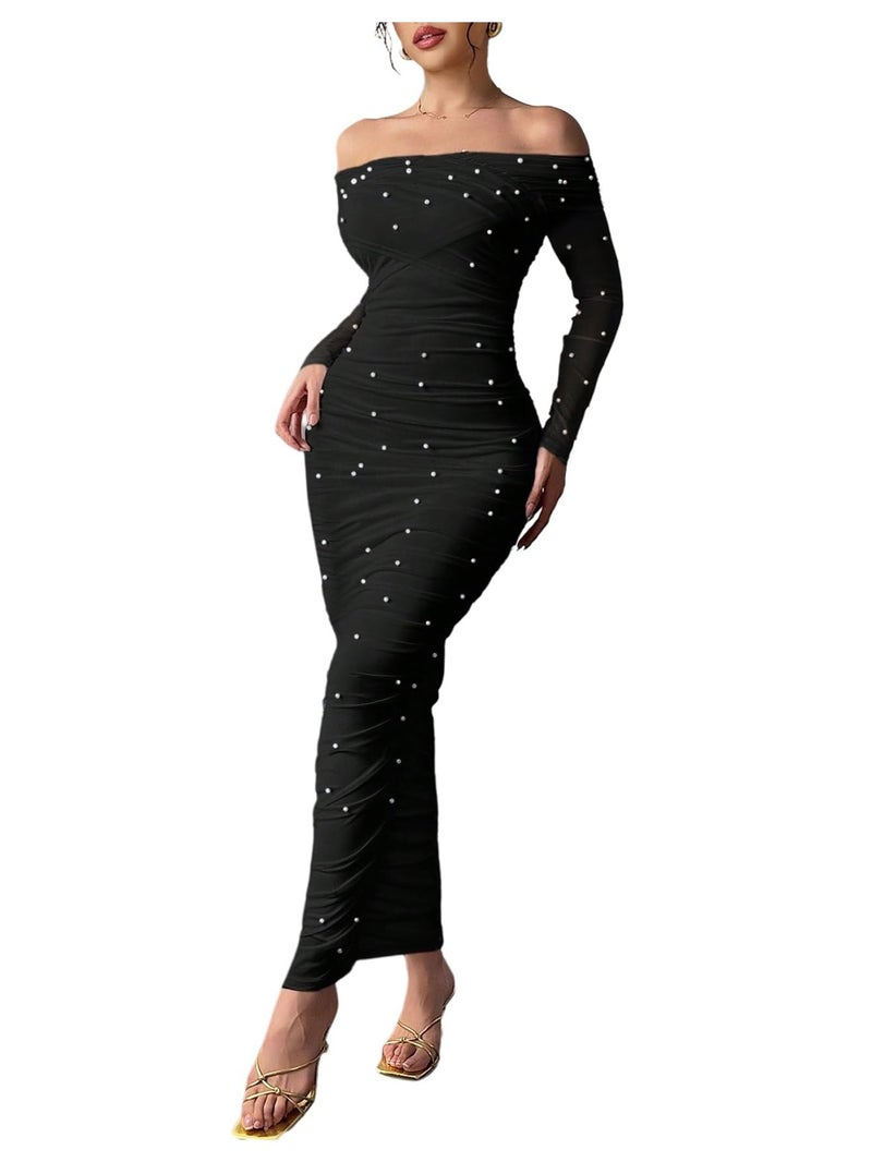 Floerns Women's Pearl Beaded Off The Shoulder Dress Ruched Bodycon Maxi Prom Dresses Black X-Large - Image 1