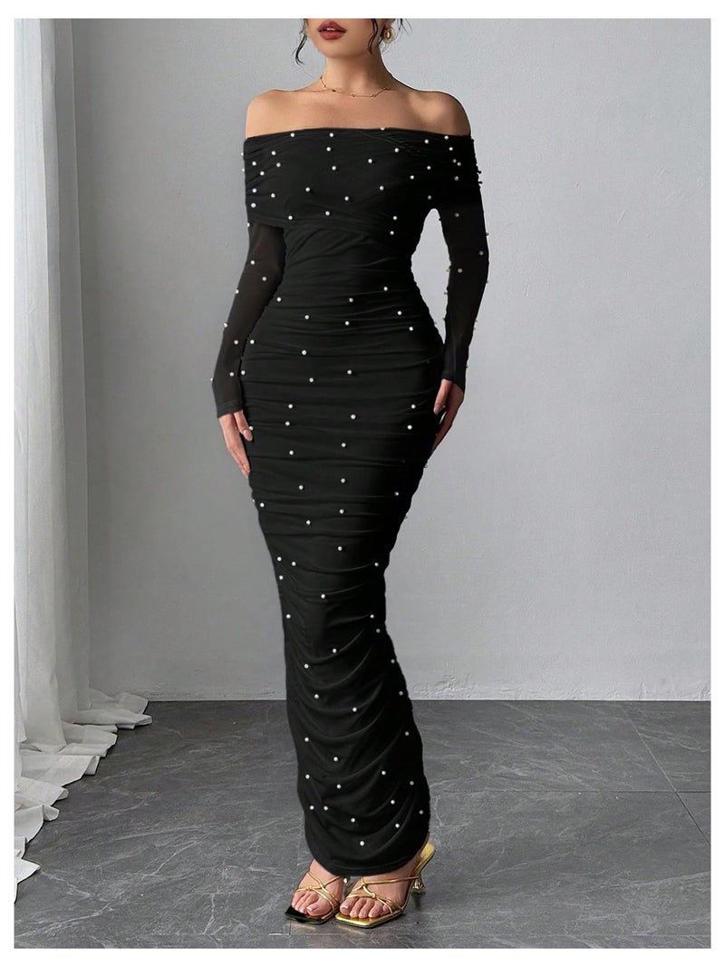Floerns Women's Pearl Beaded Off The Shoulder Dress Ruched Bodycon Maxi Prom Dresses Black X-Large - Image 5