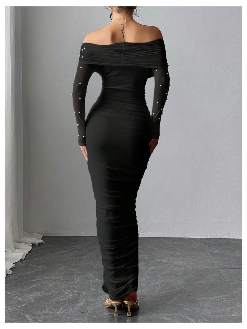 Floerns Women's Pearl Beaded Off The Shoulder Dress Ruched Bodycon Maxi Prom Dresses Black X-Large - Image 3