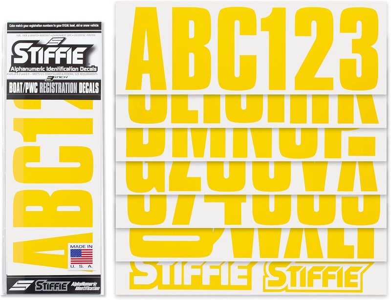 Stiffie ملصقات وأرقام تعريف تسجيل أبجدية رقمية مقاس 3 بوصات من Stiffie Uniline باللون الأصفر للقوارب والمركبات المائية الشخصية - Image 2