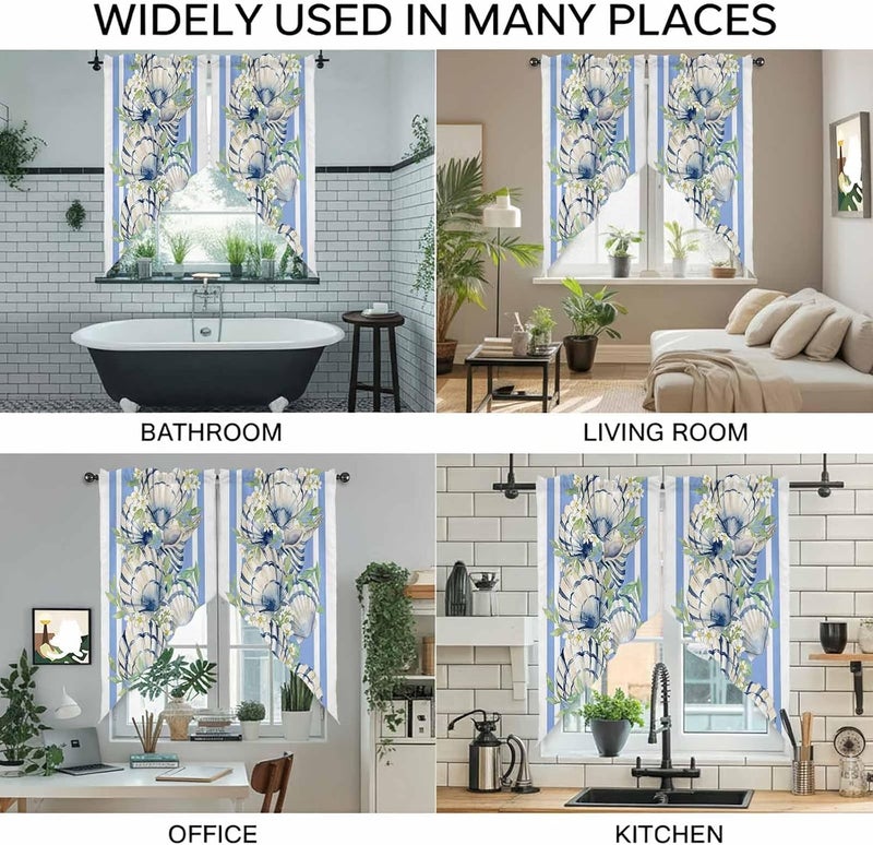 Summer Blue Conch Swag Valances Kitchen Curtain 63 Inches Length, Tier Drapes Swag Topper, Beach Coastal Leaves Retro Floral Short Window Treatments for Living Room Bedroom 2 Panels 36"x63" - Image 4