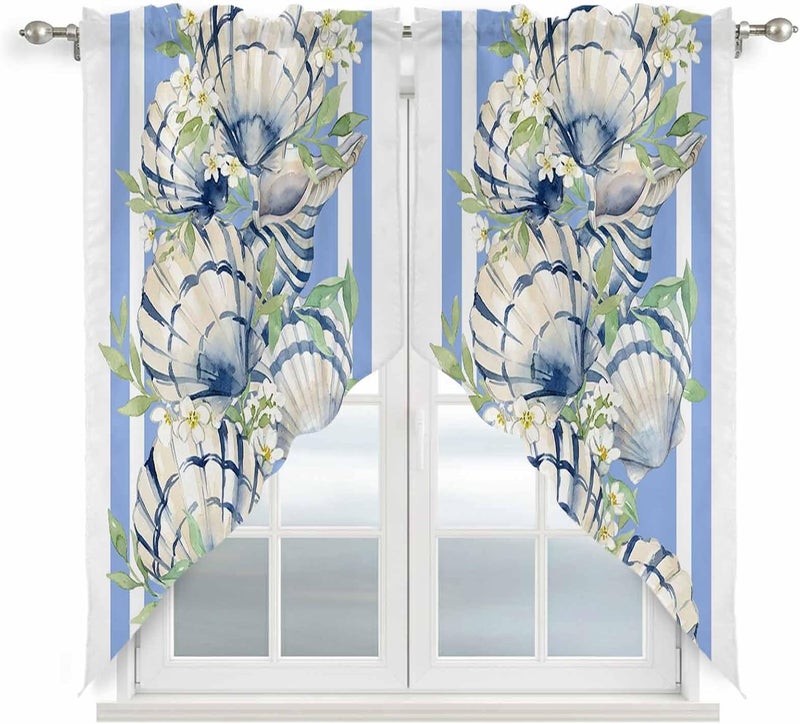 Summer Blue Conch Swag Valances Kitchen Curtain 63 Inches Length, Tier Drapes Swag Topper, Beach Coastal Leaves Retro Floral Short Window Treatments for Living Room Bedroom 2 Panels 36"x63" - Image 1