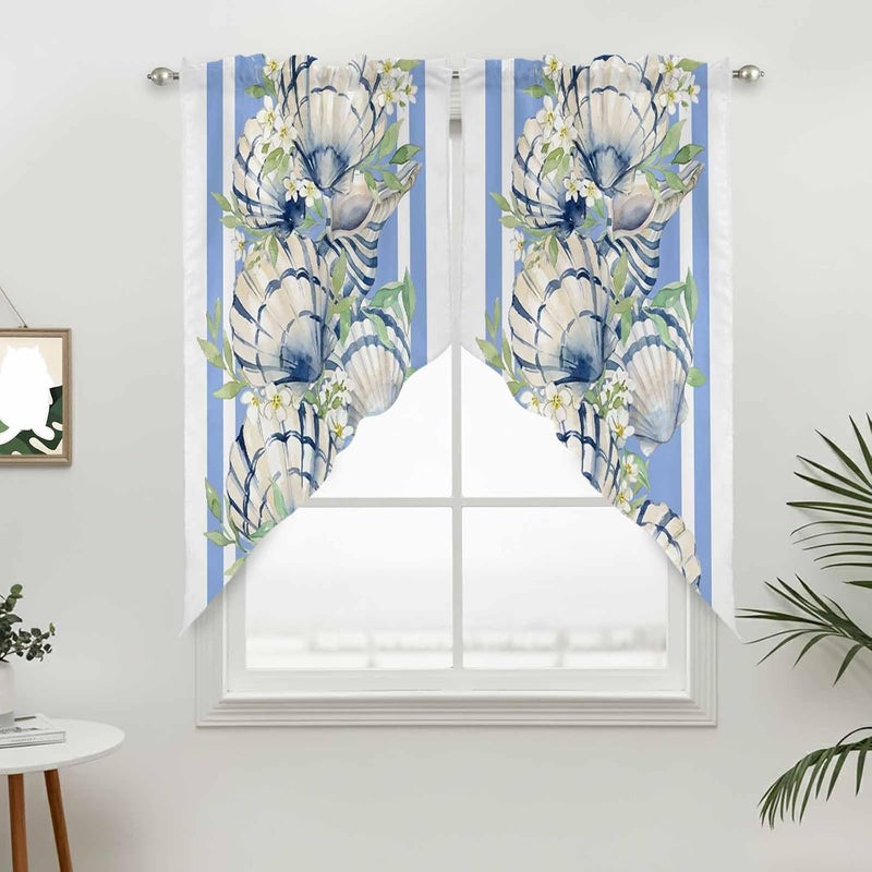 Summer Blue Conch Swag Valances Kitchen Curtain 63 Inches Length, Tier Drapes Swag Topper, Beach Coastal Leaves Retro Floral Short Window Treatments for Living Room Bedroom 2 Panels 36"x63" - Image 2