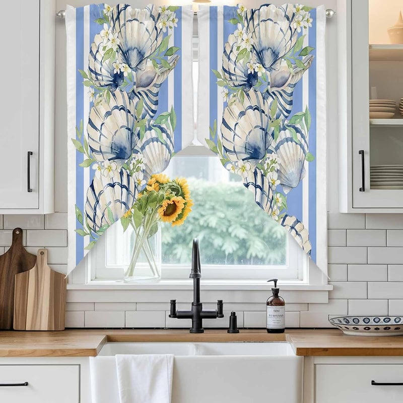 Summer Blue Conch Swag Valances Kitchen Curtain 63 Inches Length, Tier Drapes Swag Topper, Beach Coastal Leaves Retro Floral Short Window Treatments for Living Room Bedroom 2 Panels 36"x63" - Image 3