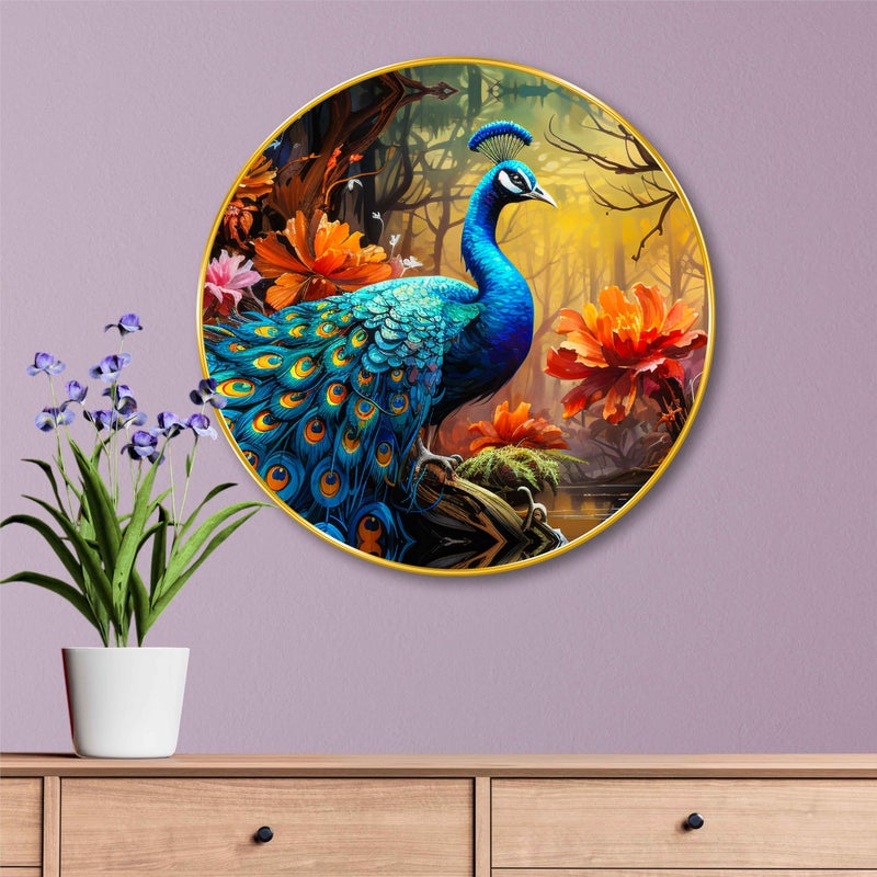 SAF Majestic Peacock Round Wall Painting – Vibrant Blue Peacock with Colorful Feathers & Floral Background | Golden Frame Wall Décor for Living Room Bedroom Dining Office (20 X 20 Inch) GRL-275 - Image 5