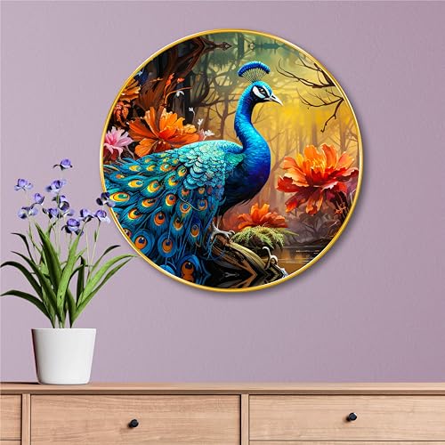 SAF Majestic Peacock Round Wall Painting – Vibrant Blue Peacock with Colorful Feathers & Floral Background | Golden Frame Wall Décor for Living Room Bedroom Dining Office (20 X 20 Inch) GRL-275 - Image 1