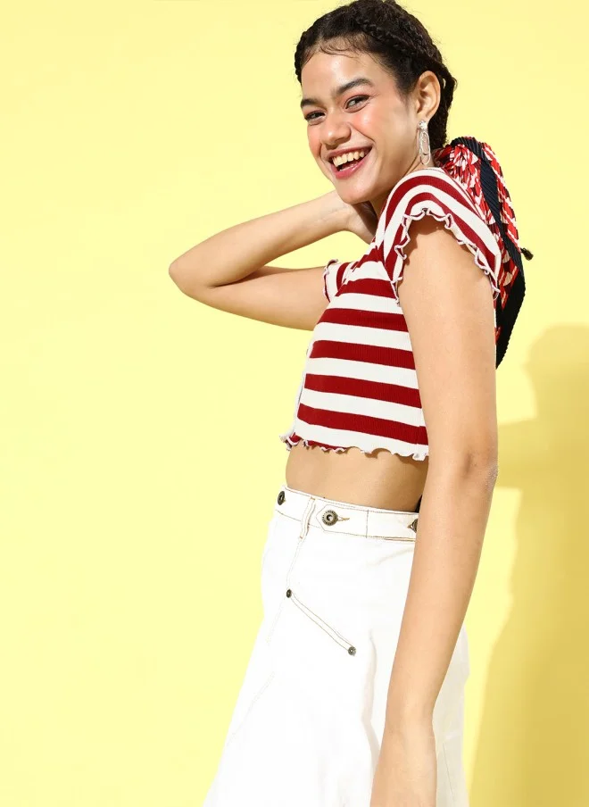 SASSAFRAS Gorgeous Red Striped Crop Top for Women