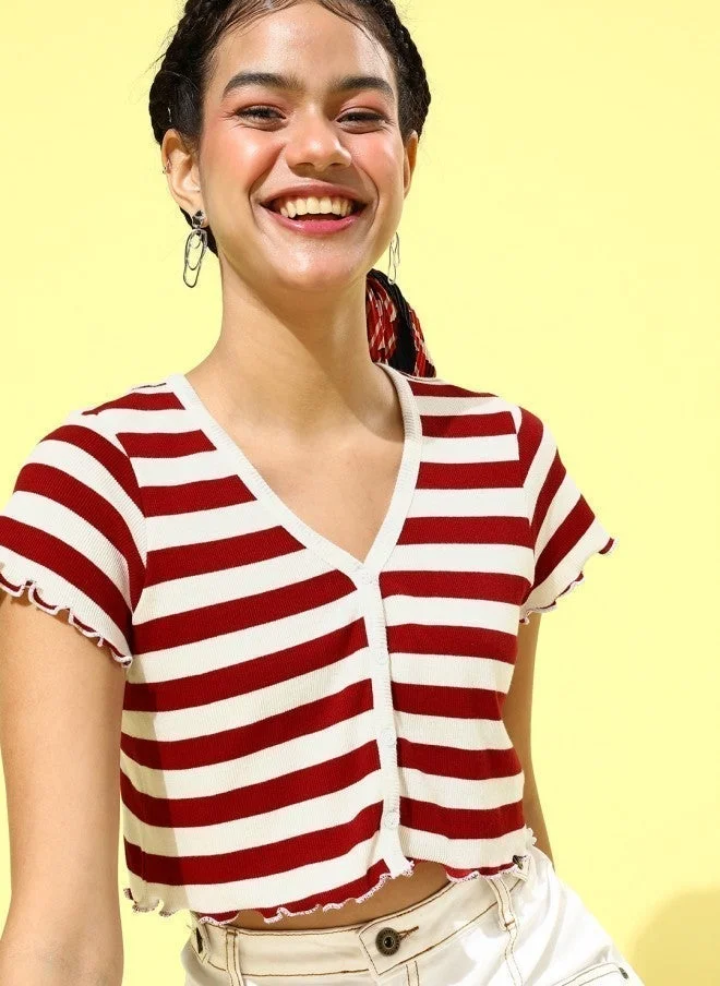 SASSAFRAS Gorgeous Red Striped Crop Top for Women