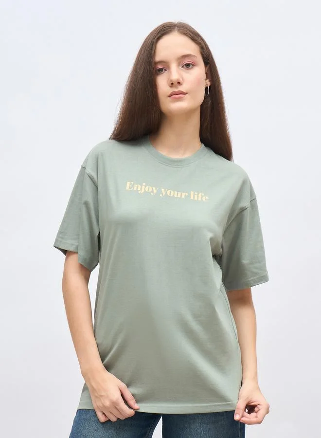 ستايلي Styli Green Slogan Print Oversized T-Shirt