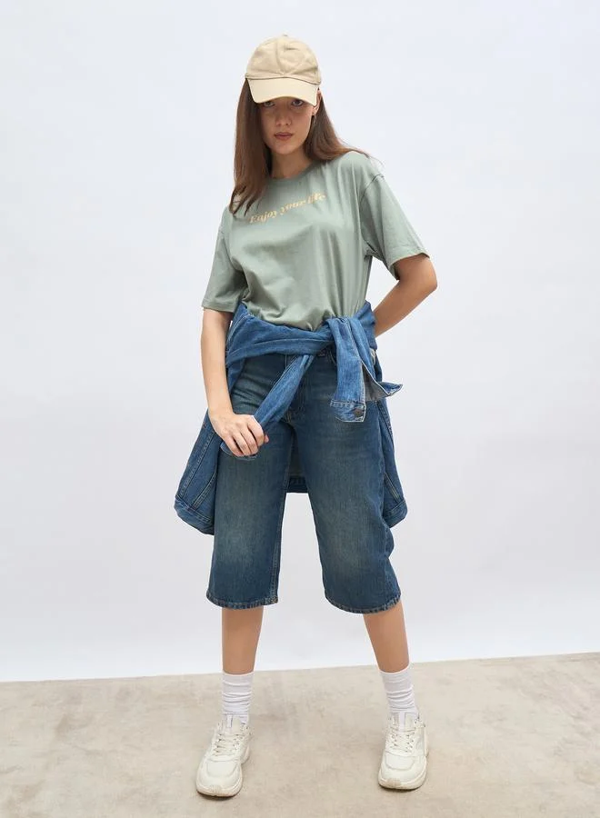 ستايلي Styli Green Slogan Print Oversized T-Shirt