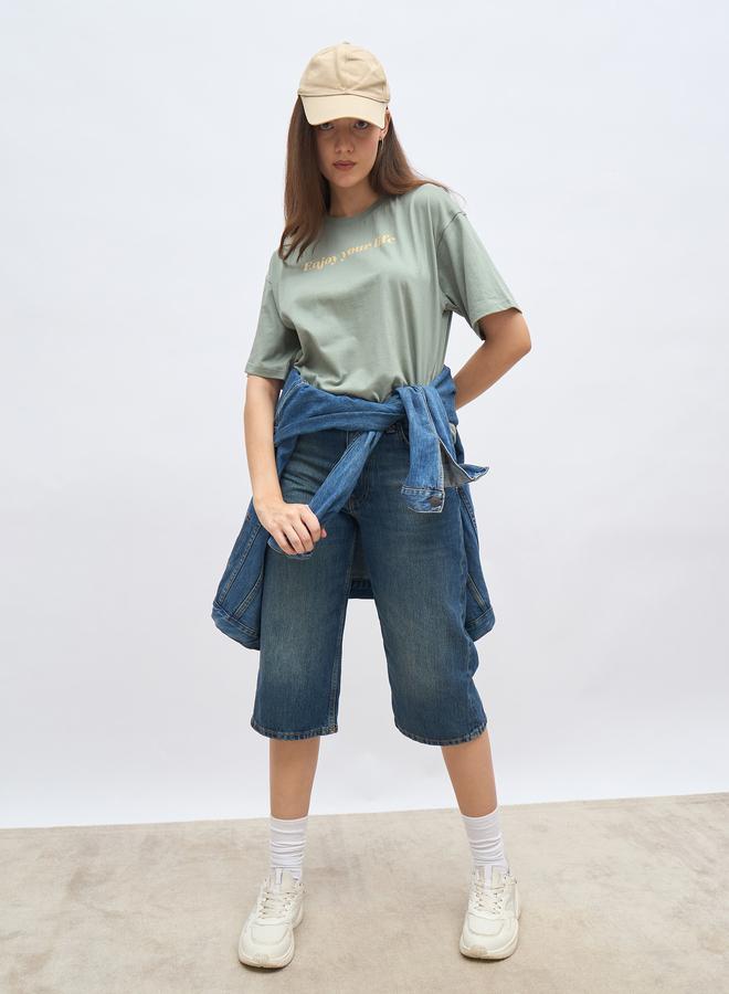 Styli Green Slogan Print Oversized T-Shirt - Image 1