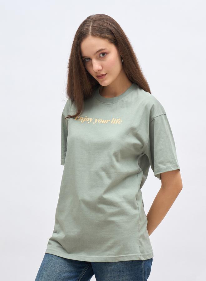 Styli Green Slogan Print Oversized T-Shirt - Image 3