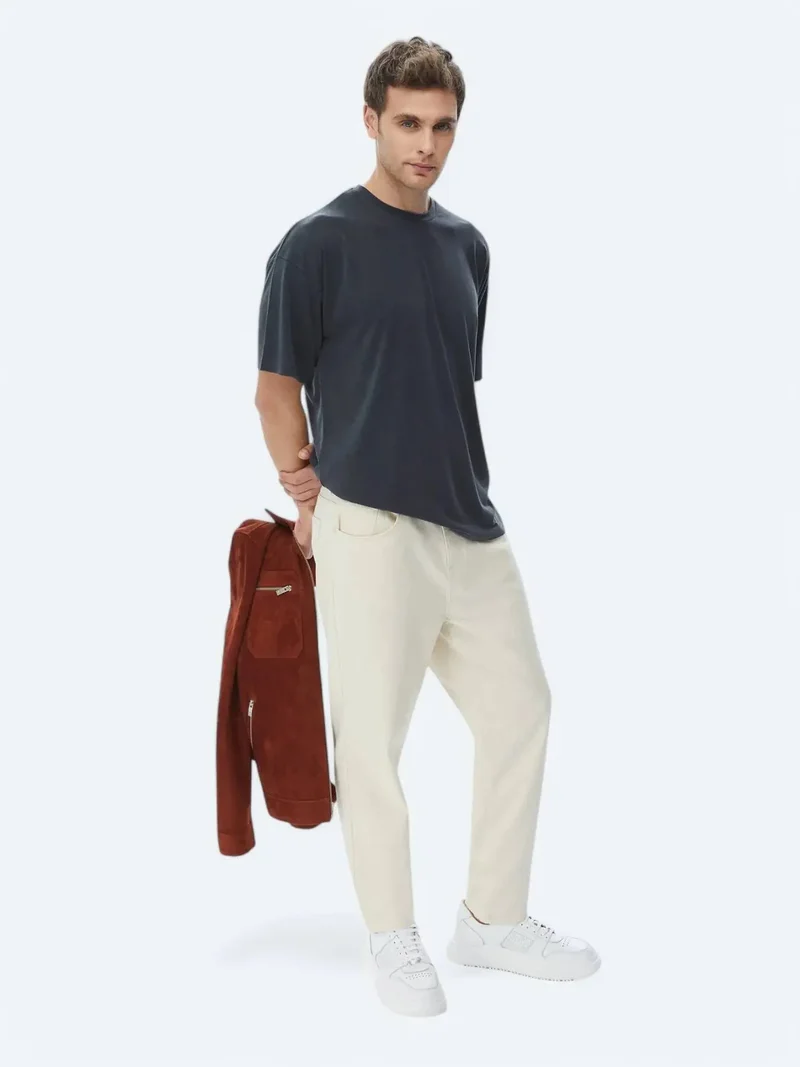 Kip Light Beige Weaving Carrot Fit Casual Cotton Blended Trousers