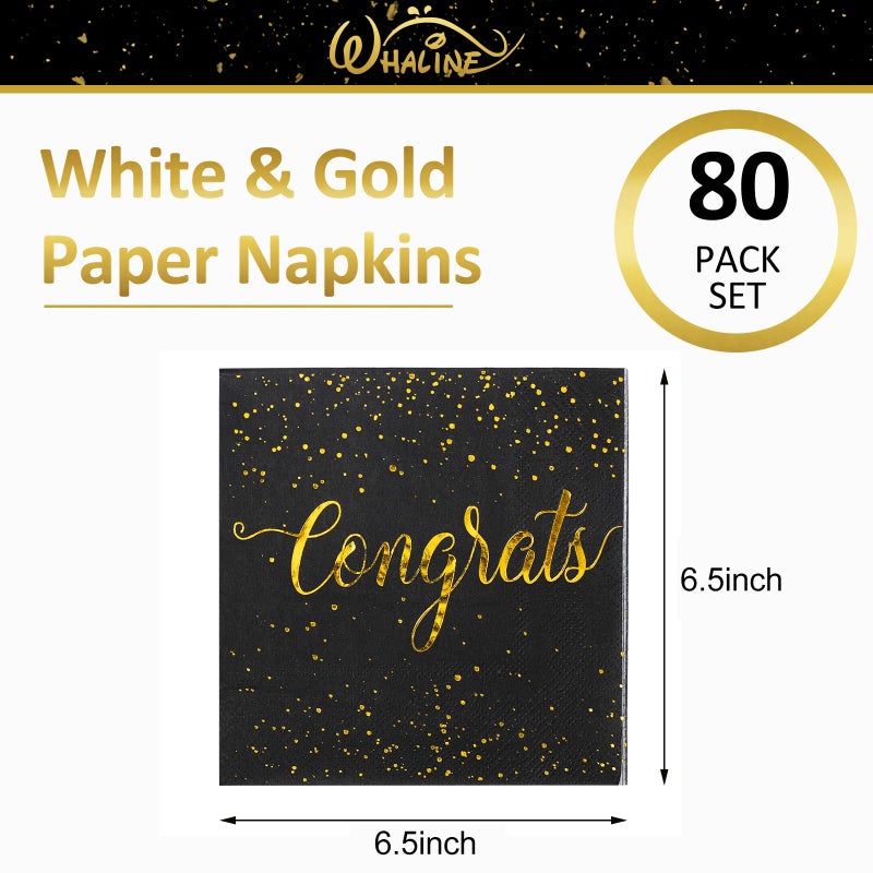 Whaline مناديل ورقية للاحتفال من واهلين 80 قطعة بتصميم ذهبى لمناديل العشاء لحفلة التخرج السوداء القابلة للتصرف لحفلات الخطوبة وحفلات استقبال المواليد - Image 1