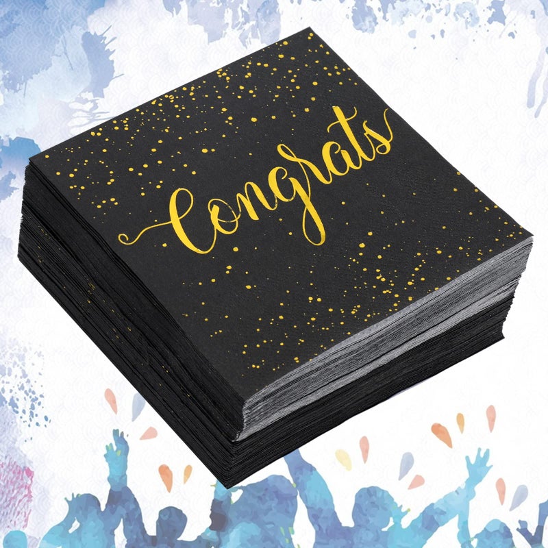 Whaline مناديل ورقية للاحتفال من واهلين 80 قطعة بتصميم ذهبى لمناديل العشاء لحفلة التخرج السوداء القابلة للتصرف لحفلات الخطوبة وحفلات استقبال المواليد - Image 3