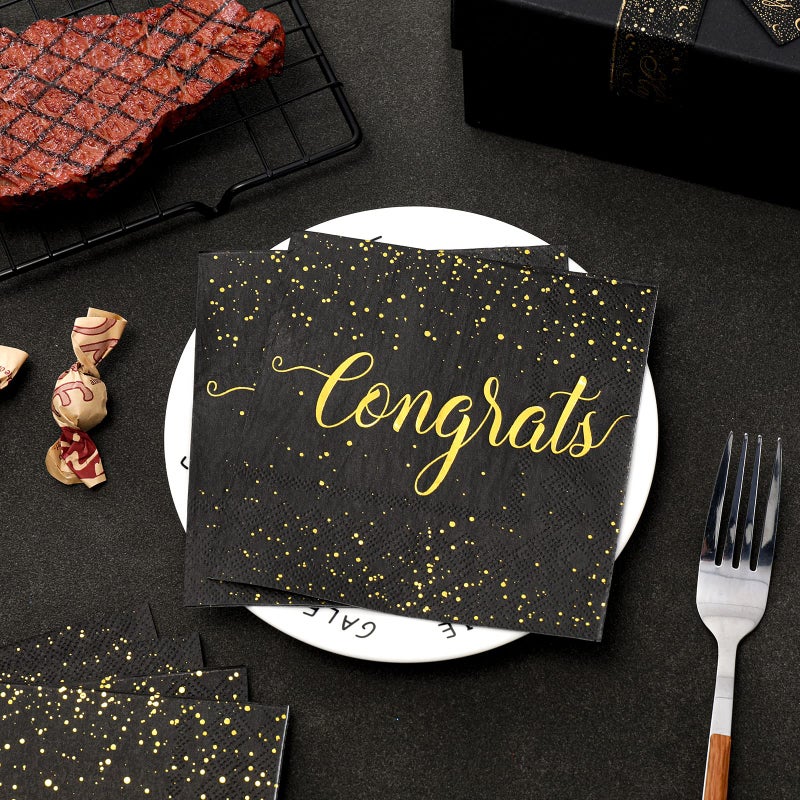Whaline مناديل ورقية للاحتفال من واهلين 80 قطعة بتصميم ذهبى لمناديل العشاء لحفلة التخرج السوداء القابلة للتصرف لحفلات الخطوبة وحفلات استقبال المواليد - Image 4