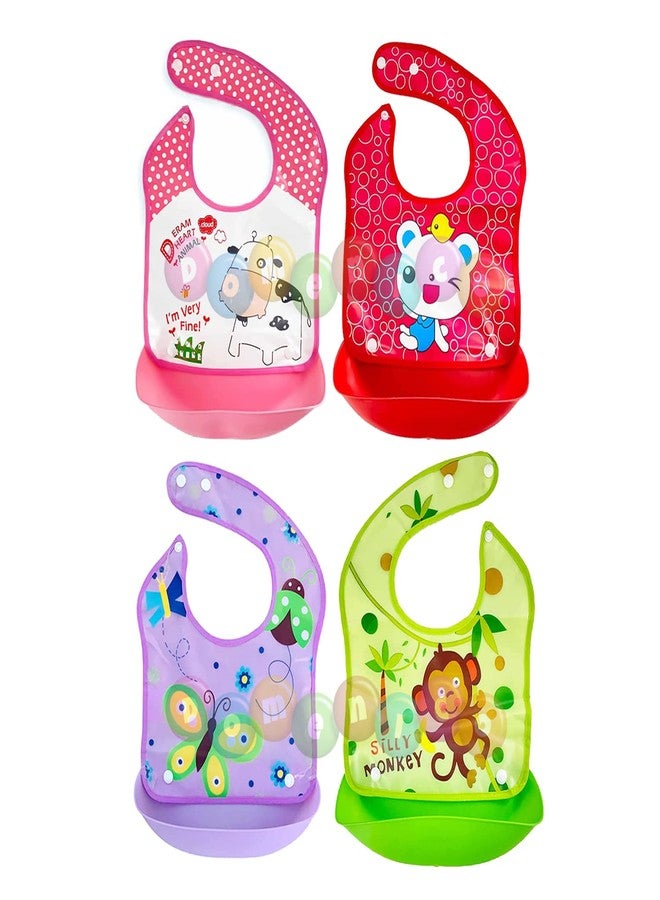 DOMENICO Baby Silicon Bib/Apron for Feeding Infants and Toddlers with Detachable Food Catcher, Waterproof (Random Colours And Prints) (Pack of 4) - Image 1