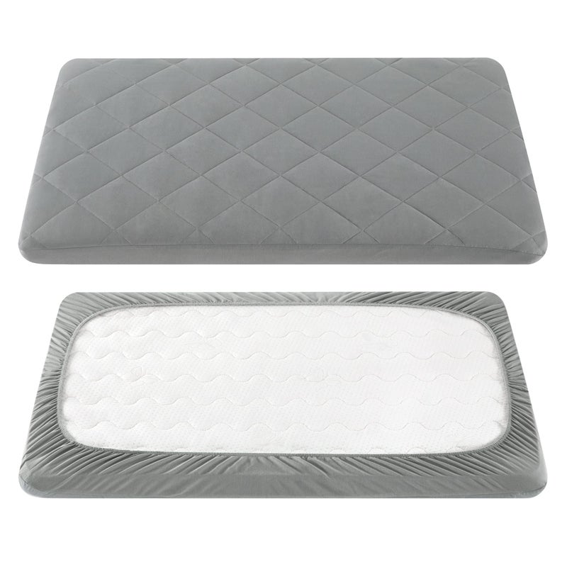 TILLYOU Pack and Play Sheet - Soft Quilted Crib Cover Pad, Toddlers Mattress Protector with 1''-3'' Deep Pocket, Thick Play Yard Playpen Sheets, Breathable Fluffy Crib Mattress Pad, 39"x27", Grey - Image 1
