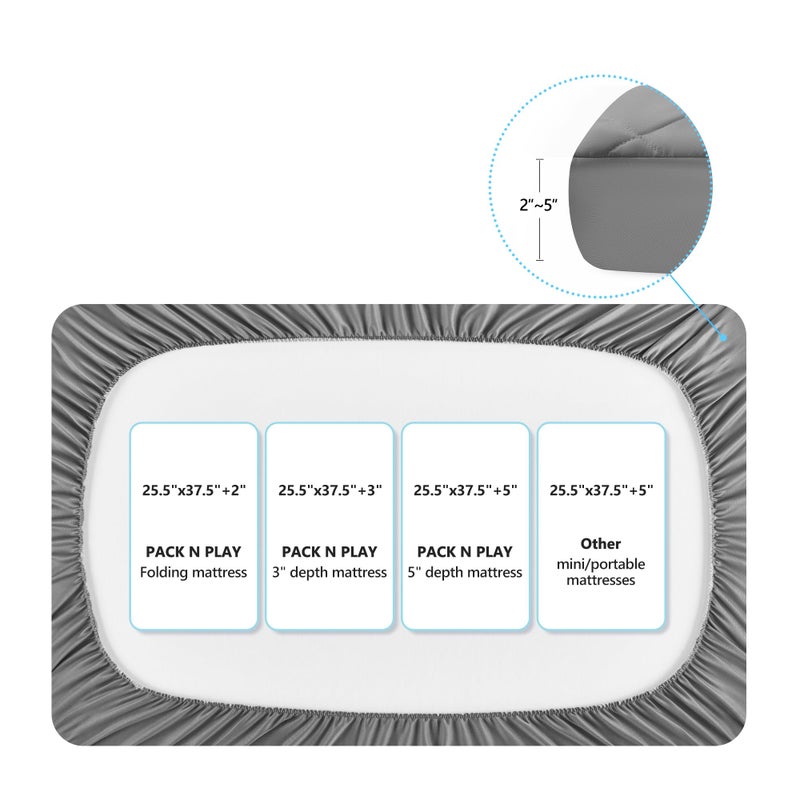 TILLYOU Pack and Play Sheet - Soft Quilted Crib Cover Pad, Toddlers Mattress Protector with 1''-3'' Deep Pocket, Thick Play Yard Playpen Sheets, Breathable Fluffy Crib Mattress Pad, 39"x27", Grey - Image 3
