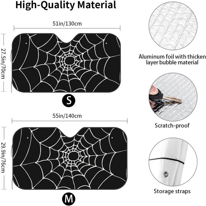 Halloween Black and White Spiders Web Cobweb Brushed Car Windshield Sun Shade, Keeps Interior Cool, Foldable Sun Visor Protector, Fits Cars Trucks SUVs Small - Image 4