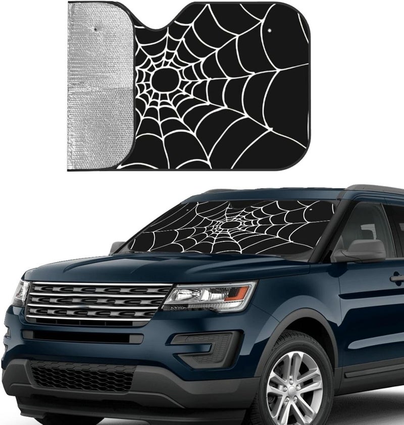 Halloween Black and White Spiders Web Cobweb Brushed Car Windshield Sun Shade, Keeps Interior Cool, Foldable Sun Visor Protector, Fits Cars Trucks SUVs Small - Image 3