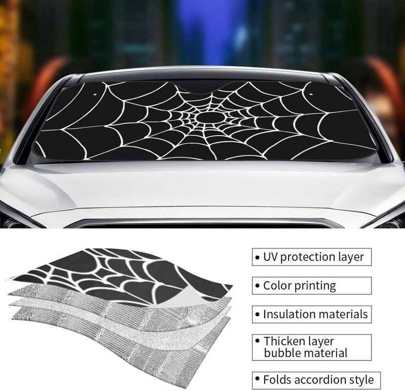 Halloween Black and White Spiders Web Cobweb Brushed Car Windshield Sun Shade, Keeps Interior Cool, Foldable Sun Visor Protector, Fits Cars Trucks SUVs Small - Image 5