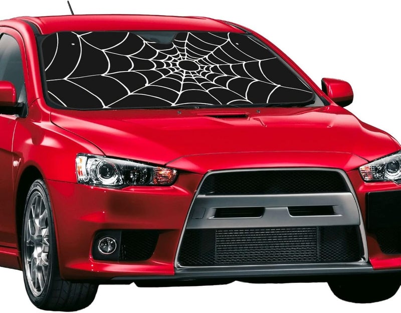 Halloween Black and White Spiders Web Cobweb Brushed Car Windshield Sun Shade, Keeps Interior Cool, Foldable Sun Visor Protector, Fits Cars Trucks SUVs Small - Image 2