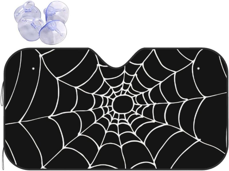 Halloween Black and White Spiders Web Cobweb Brushed Car Windshield Sun Shade, Keeps Interior Cool, Foldable Sun Visor Protector, Fits Cars Trucks SUVs Small - Image 1
