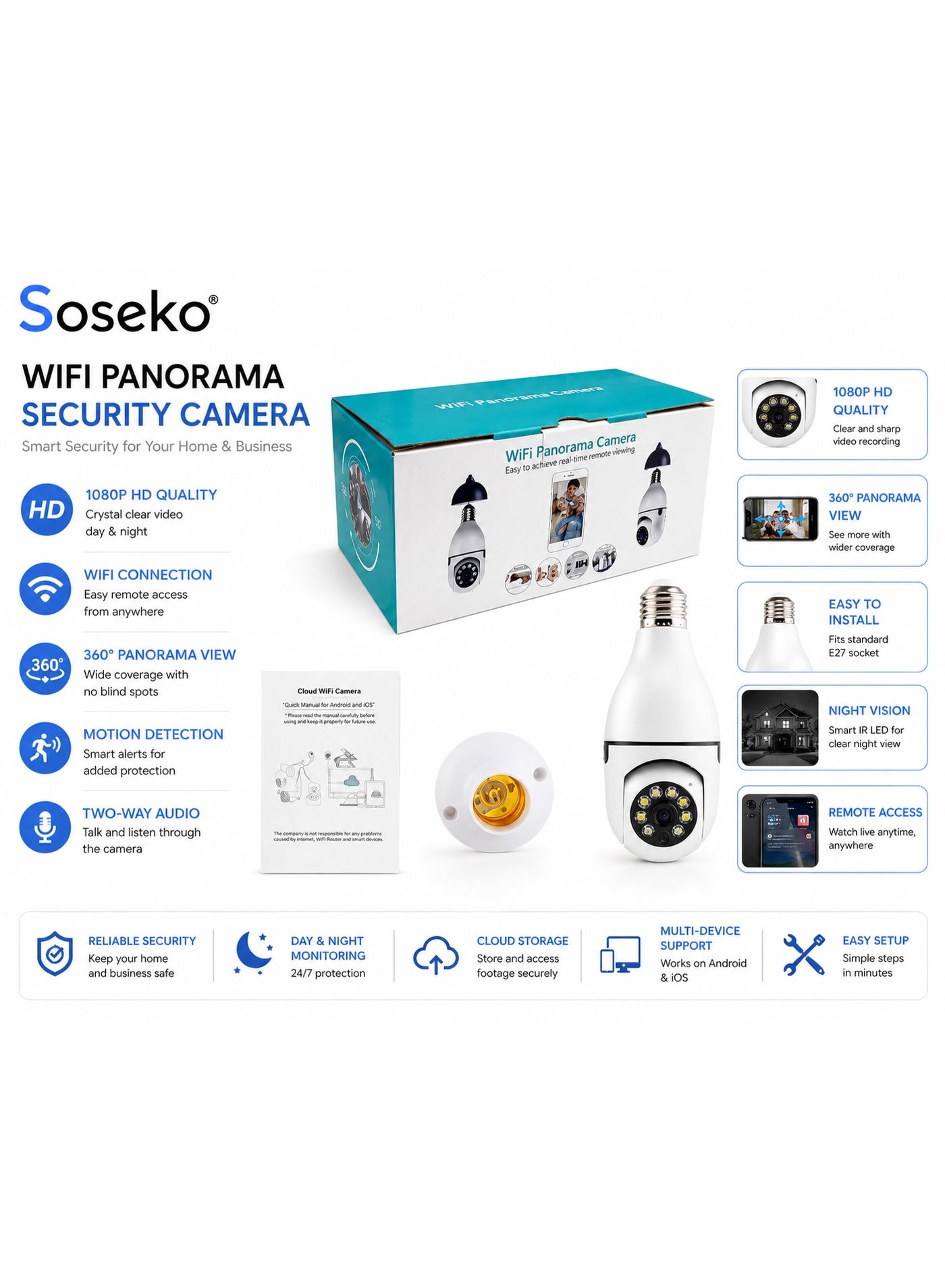 soseko Soseko Wifi Panorama Security Camera 1080p Hd 360 View Night Vision two-way Audio