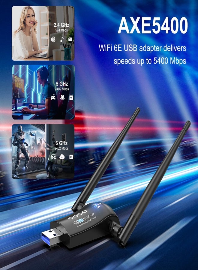 QGOO Tri-Band WiFi 6E Adapter for Desktop PC: QGOO USB 3.0 Axe 5400 Wireless Network Receiver/Dongle with 5dBi Dual Antennas, WiFi Card/Stick 6G/5G/2.4G for Laptop Computer Only Compatible Windows 11/10 - Image 2