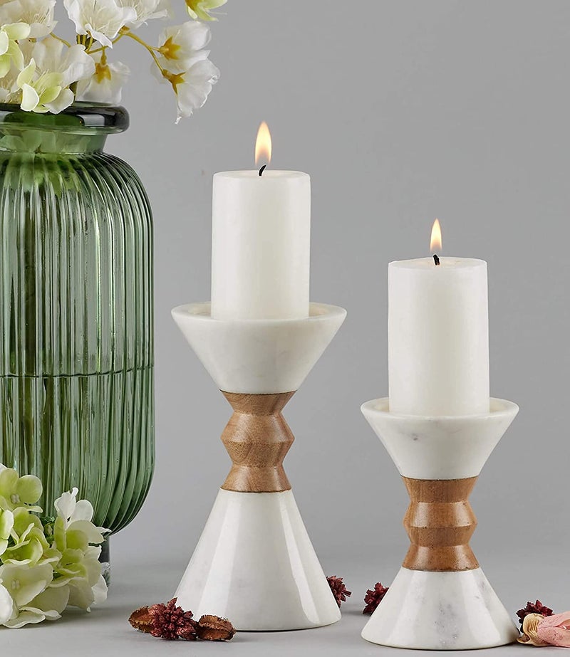 Stone Essential Myra Marble and Wood Candle Holder Stand Pillar Shape for Home Table Decor Gift and Diwali Decoration Large - Image 5