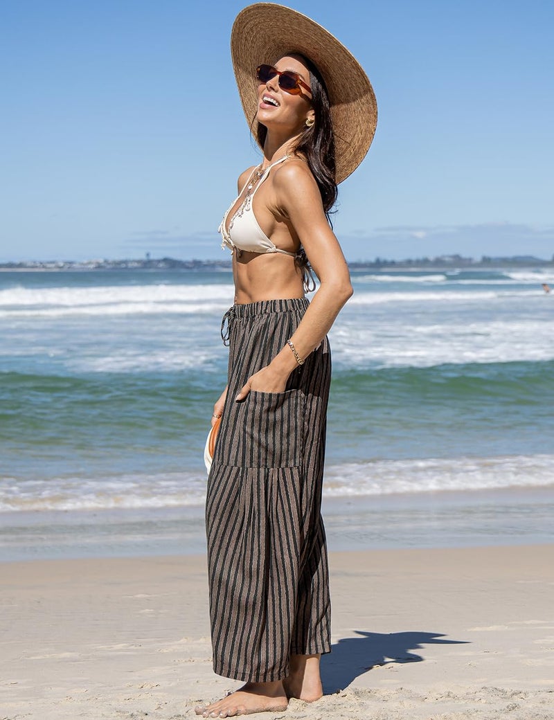 TARSE Womens Linen Wide Leg Pants Casual Loose Drawstring Low Waist Beach Palazzo Harem Pants with Pockets(Striped,M) - Image 3
