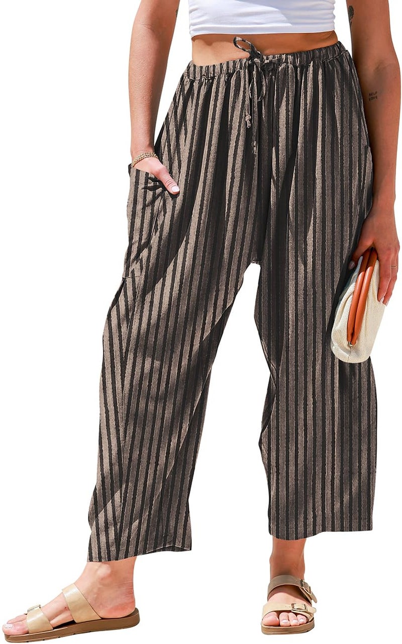 TARSE Womens Linen Wide Leg Pants Casual Loose Drawstring Low Waist Beach Palazzo Harem Pants with Pockets(Striped,M) - Image 1