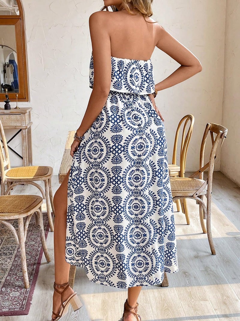 HELYO Women's Ruffle Floral Maxi Summer Casual Dress Off Shoulder Wedding Guest Slit Hem Beach Prom Dresses 7225 Blue White XL - Image 2
