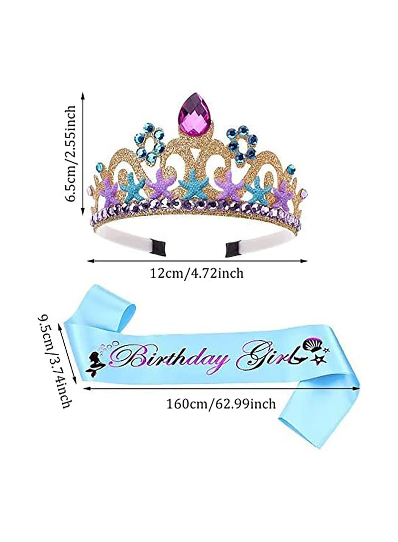 Mermaid Crown and Sash Set, Gold and Blue Satin Dress Up Accessories for Girls' Birthday Parties and Celebrations - Image 2