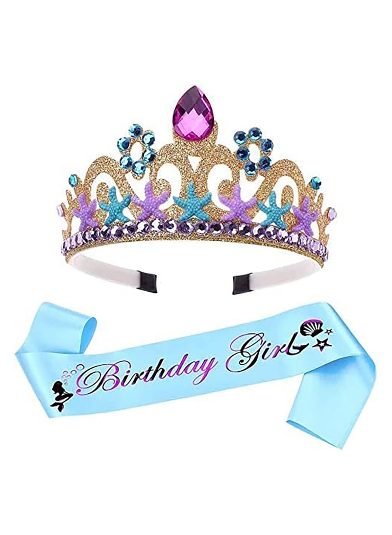 Mermaid Crown and Sash Set, Gold and Blue Satin Dress Up Accessories for Girls' Birthday Parties and Celebrations - Image 1