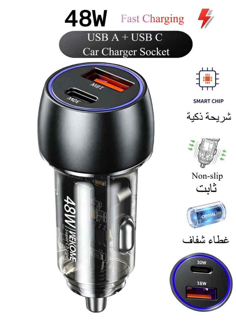 WEKOME 48W USB-A & USB-C Dual Port Fast Car Charger, Transparent Shell Exclusive Mold, Multi-Protection Universal Car Power Adapter - Image 1