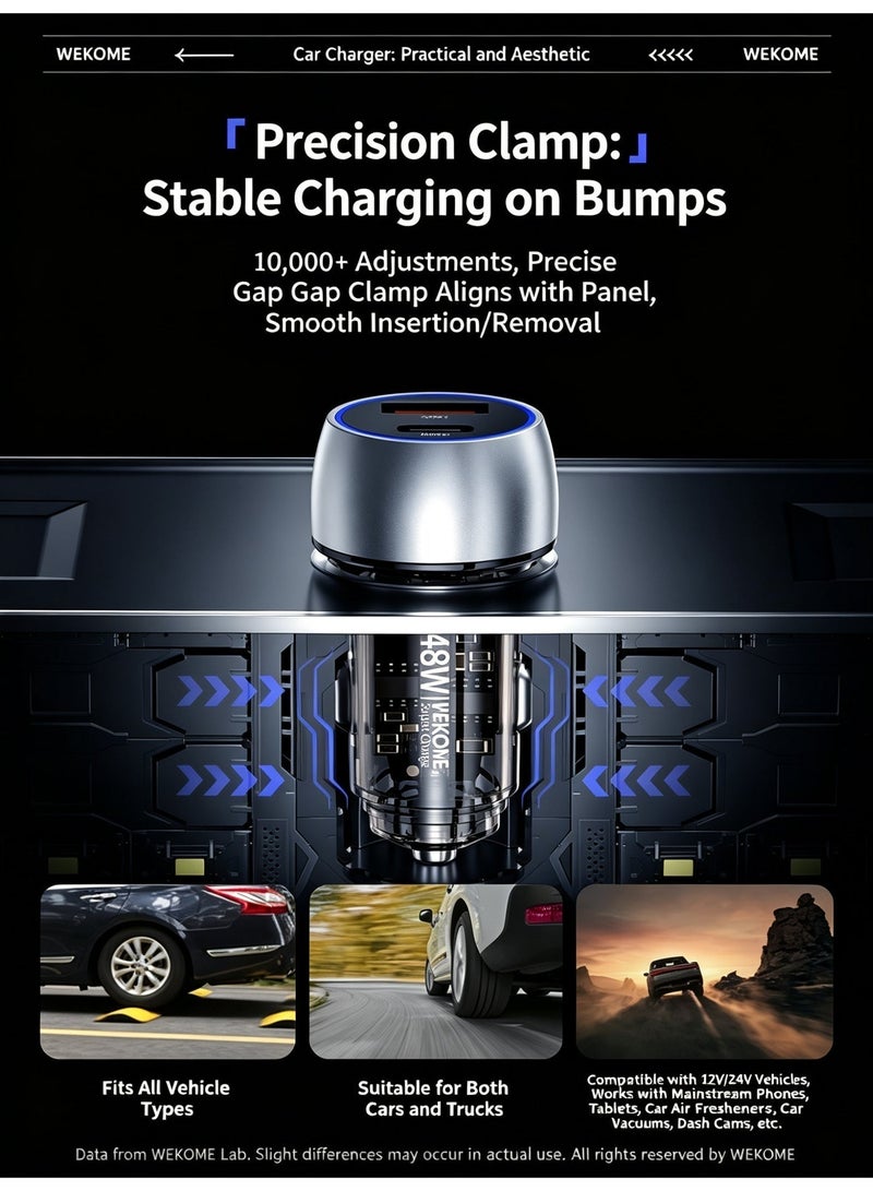 WEKOME 48W USB-A & USB-C Dual Port Fast Car Charger, Transparent Shell Exclusive Mold, Multi-Protection Universal Car Power Adapter - Image 5