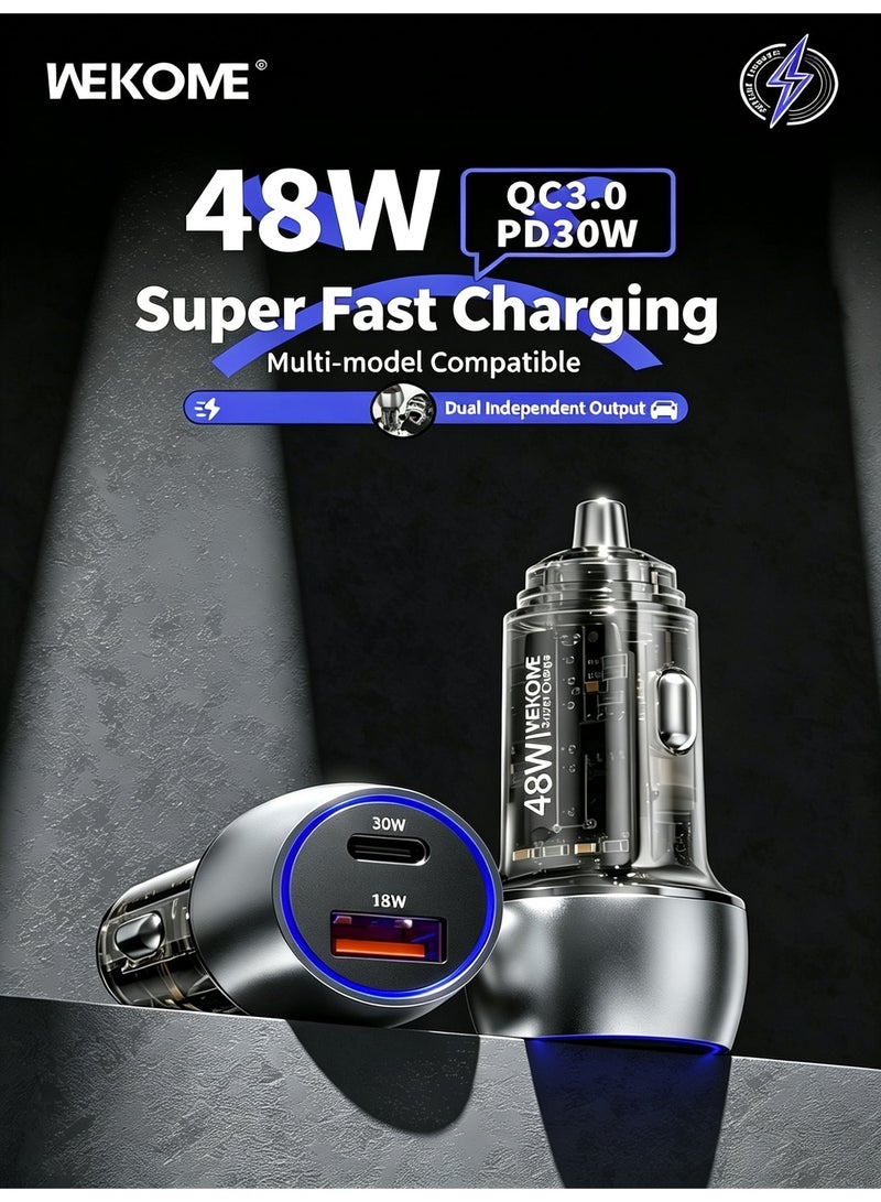 WEKOME 48W USB-A & USB-C Dual Port Fast Car Charger, Transparent Shell Exclusive Mold, Multi-Protection Universal Car Power Adapter - Image 3