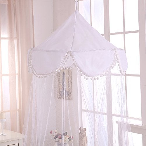 Cotton Loft Fantasy Kids 5008657 Pom Pom Collapsible Round Hoop Sheer Mosquito Netting Girls Bed Canopy, White, One Size - Image 2