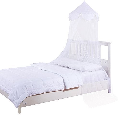 Cotton Loft Fantasy Kids 5008657 Pom Pom Collapsible Round Hoop Sheer Mosquito Netting Girls Bed Canopy, White, One Size - Image 1