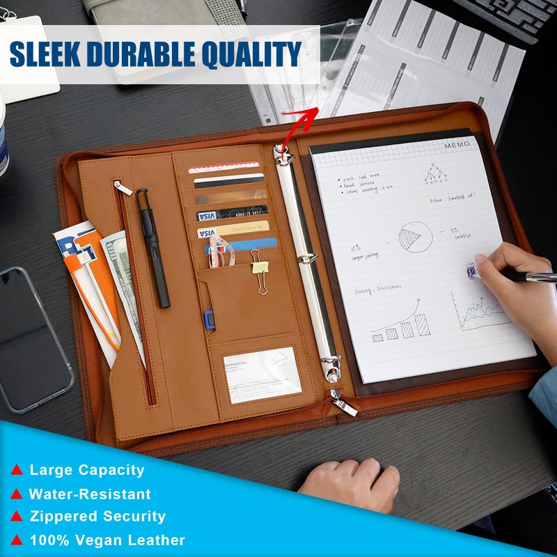 Sbrinnaliao Padfolio Portfolio Folder Binder-Organizer Planner Notebook Zippered Portfolio Padfolio for Women & Men with Document Sleeve,Letter/A4 Size Clipboard,Business Card Holders (Brown-3) - Image 3