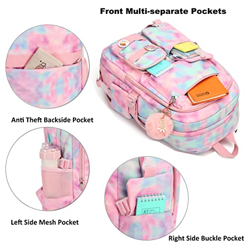 Hidds Laptop Backpacks 15.6 Inch College Backpack Elementary Middle High School Book Bag Kids Cute Bookbags Anti Theft Travel Back Pack Casual Daypack for Teens Girls Women Students (Tie-Dye Pink) - Image 4