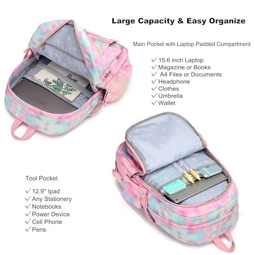 Hidds Laptop Backpacks 15.6 Inch College Backpack Elementary Middle High School Book Bag Kids Cute Bookbags Anti Theft Travel Back Pack Casual Daypack for Teens Girls Women Students (Tie-Dye Pink) - Image 3