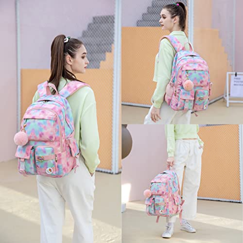 Hidds Laptop Backpacks 15.6 Inch College Backpack Elementary Middle High School Book Bag Kids Cute Bookbags Anti Theft Travel Back Pack Casual Daypack for Teens Girls Women Students (Tie-Dye Pink) - Image 2