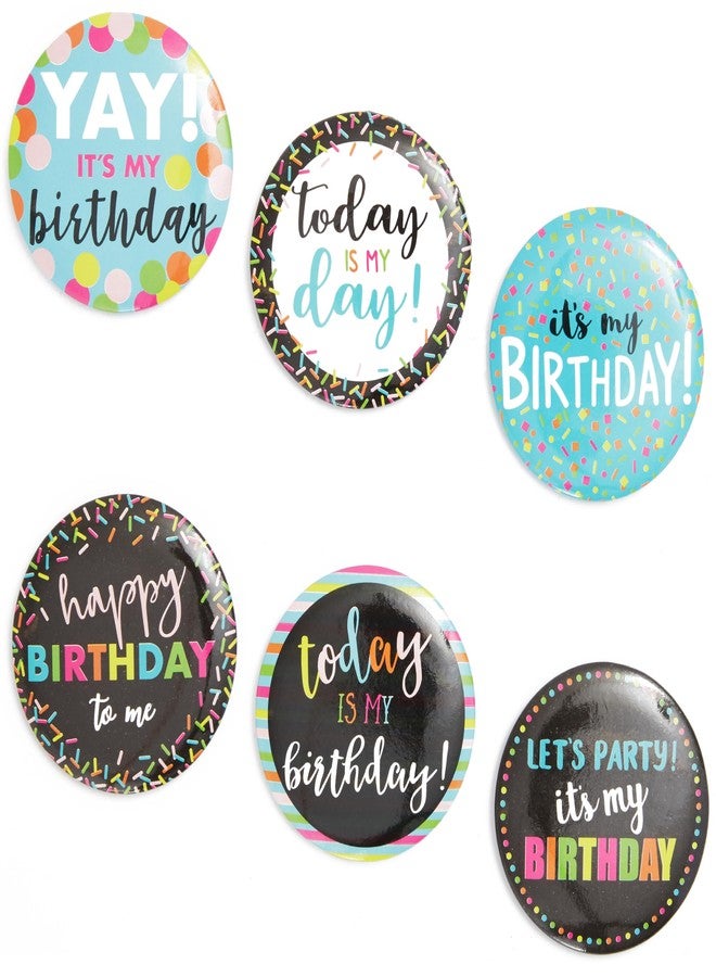 BLUE PANDA Pinback Party Buttons - Bulk Birthday Pins & Confetti Styles - Birthday Pin Multipack & Button Set - 2.25 in, 6 Designs, 24 Pack - Image 1
