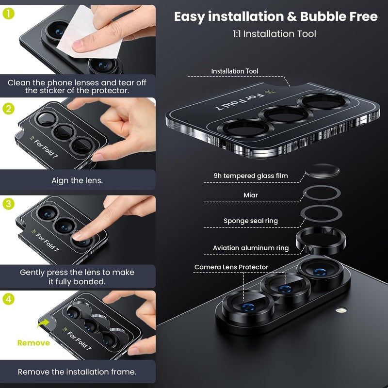 wsken for Z Fold 7 Camera Lens Protector Case Cover - Ultra HD Anti-Reflective Tempered Metal Glass Anti Scratch Rear Camera Screen Protector Film for Samsung Galaxy Z Fold 7 5G Accessories,Black - Image 5