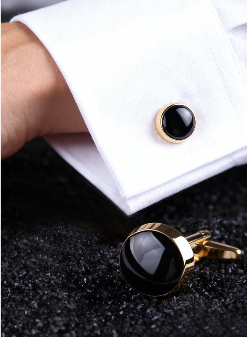 DB Innov. Cufflinks, Black Gemstone Goden Frame Round-Shape Cufflinks, 2 PCS for One Set Premium Copper Jewelry Specially Design for Men's Shirt Wedding Business Gift with Delicate Package Box. - Image 3